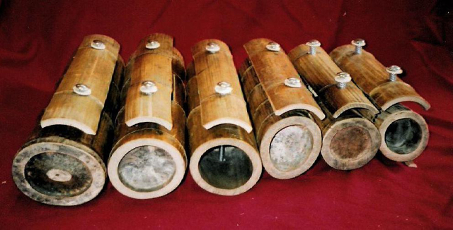 Giant bamboo chime bars made for an outdoor play environment, London. 