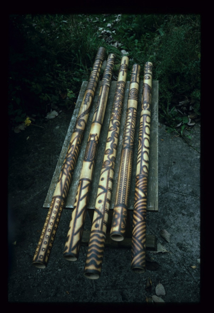 Bamboo didjeridus made and decorated by Sound World. 