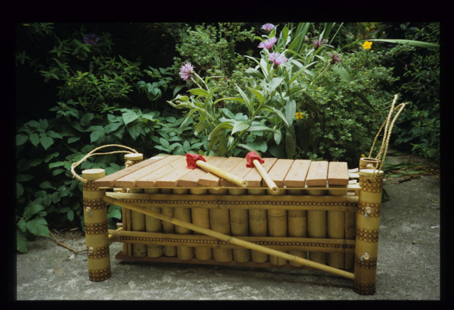 Xylophone with mahogany bars and bamboo resonators and structure, made by Sound World.
